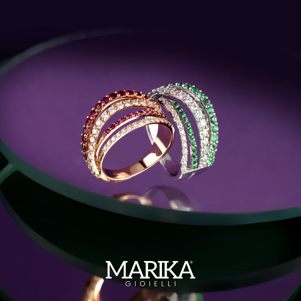 ANELLO IN ORO BIANCO 18 CARATI CON DIAMANTI E SMERALDI