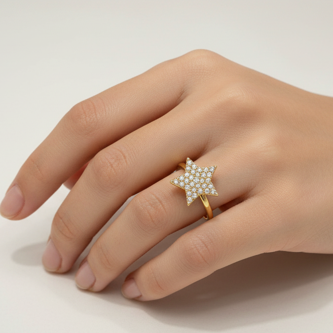 Anello stella con pavé di zirconi in oro giallo 18KT (750) – Made in Italy