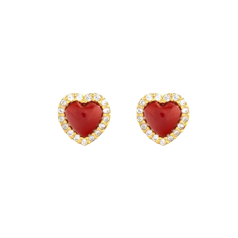 ORECCHINI CUORE IN ARGENTO GOLD ZIRCONI E CORALLO NATURALE