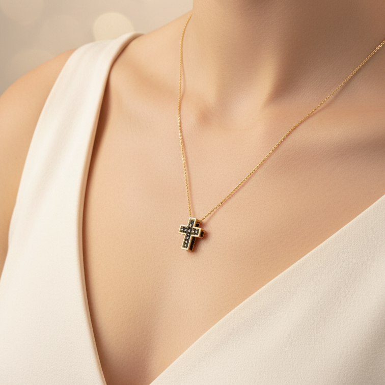 Collana con croce e zirconi neri in oro giallo 18KT (750) – Made in Italy