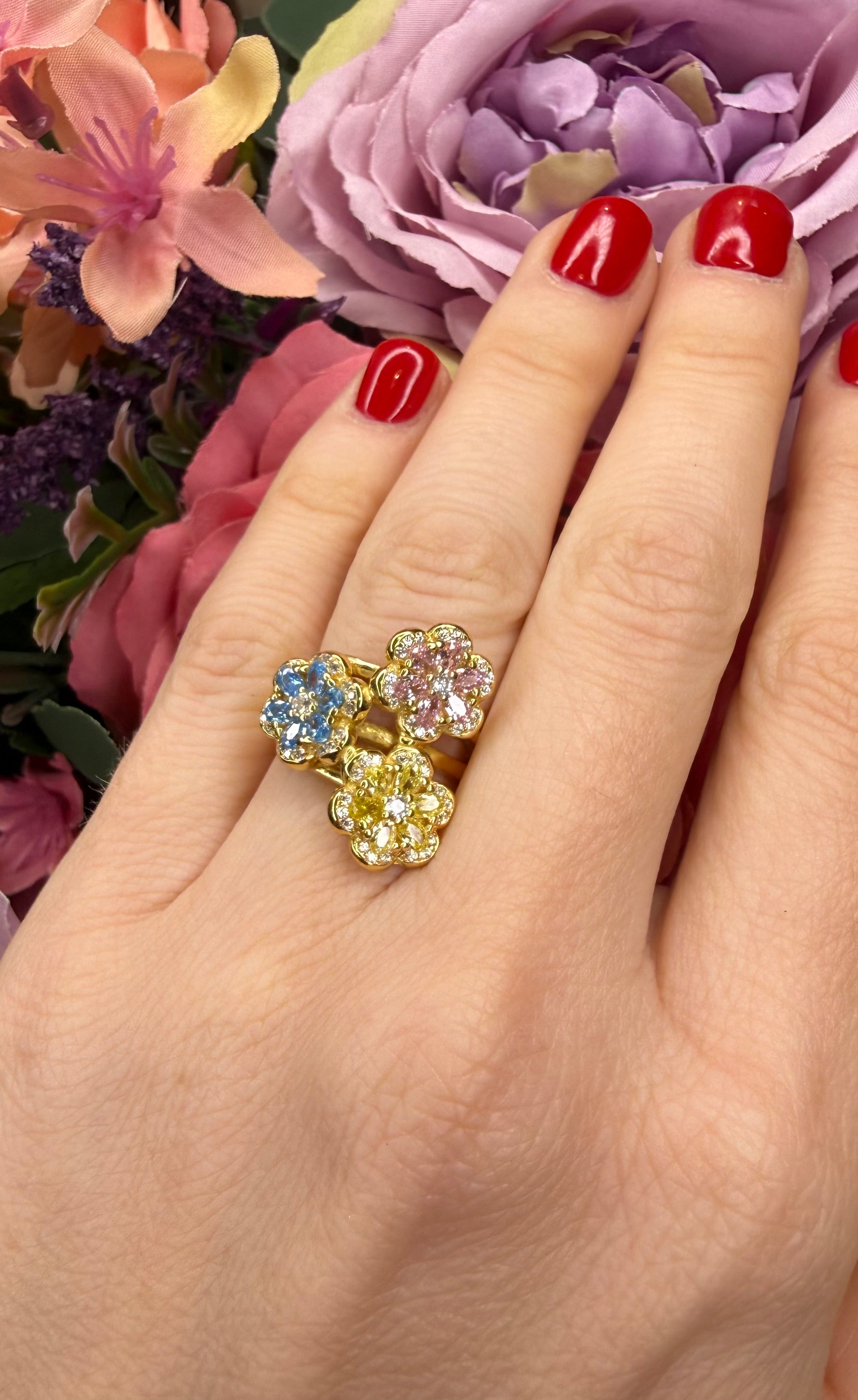 ANELLO FIORI MULTICOLOR IN ARGENTO 925 DORATO