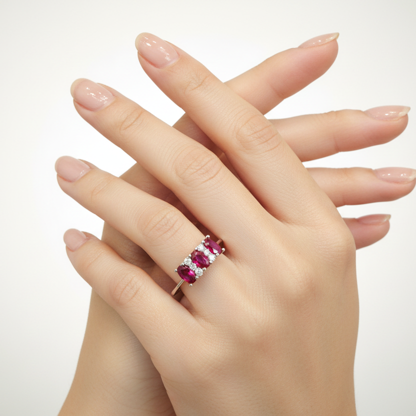 Anello trilogy con pietre rosse e zirconi in oro bianco 18KT (750) – Elegante e raffinato