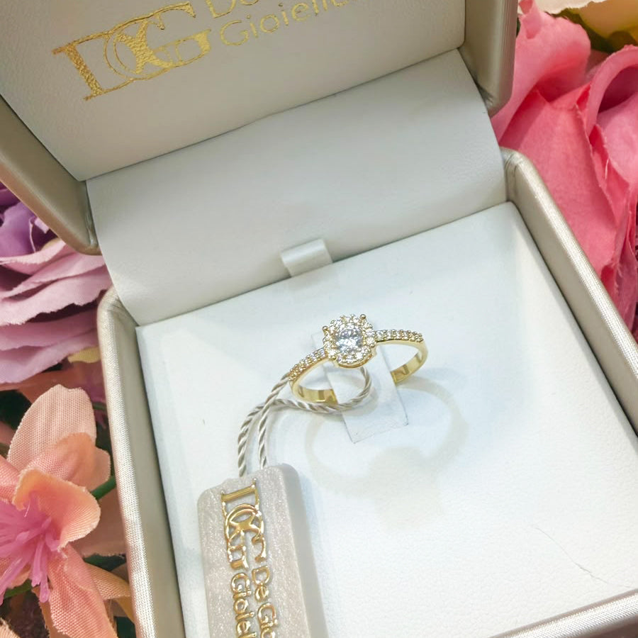 Anello Solitario Halo in Oro Giallo 18 KT con Zirconi