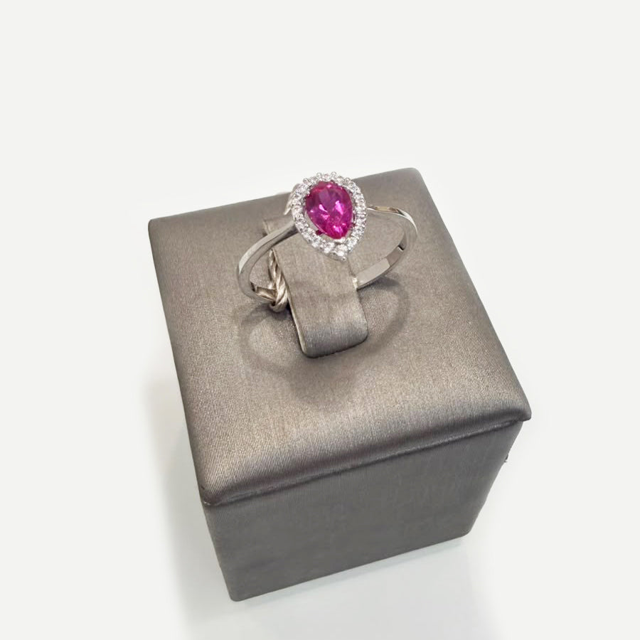 Anello Goccia in Oro Bianco 18 KT con Zircone Rosa e Zirconi