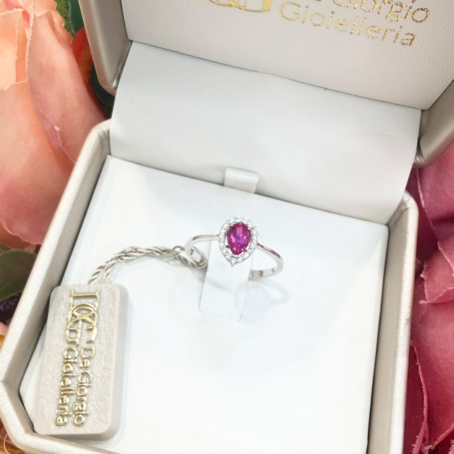 Anello Goccia in Oro Bianco 18 KT con Zircone Rosa e Zirconi