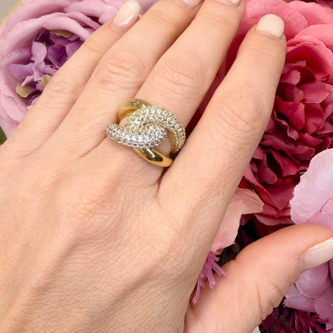 ANELLO INTRECCIATO IN ORO GIALLO E BIANCO 18 KT (750)