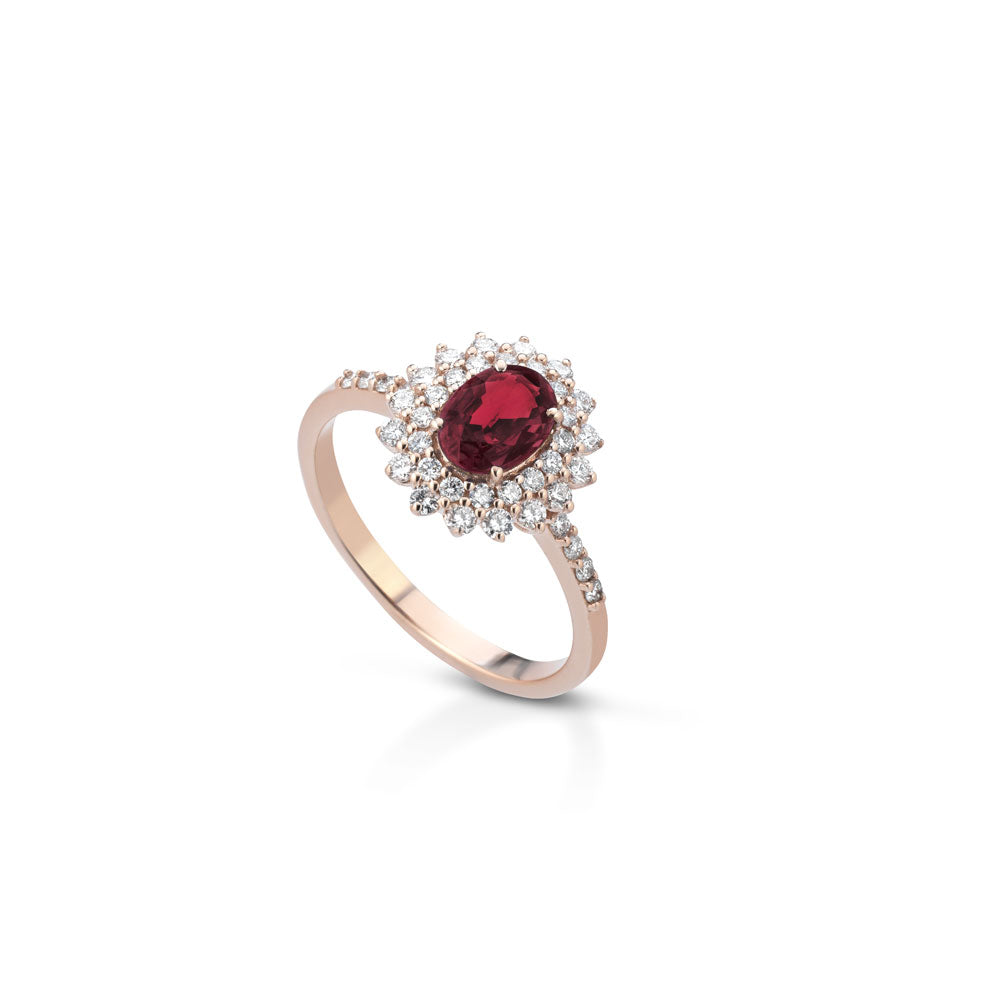 ANELLO IN ORO ROSA 18 CARATI CON DIAMANTI E RUBINO