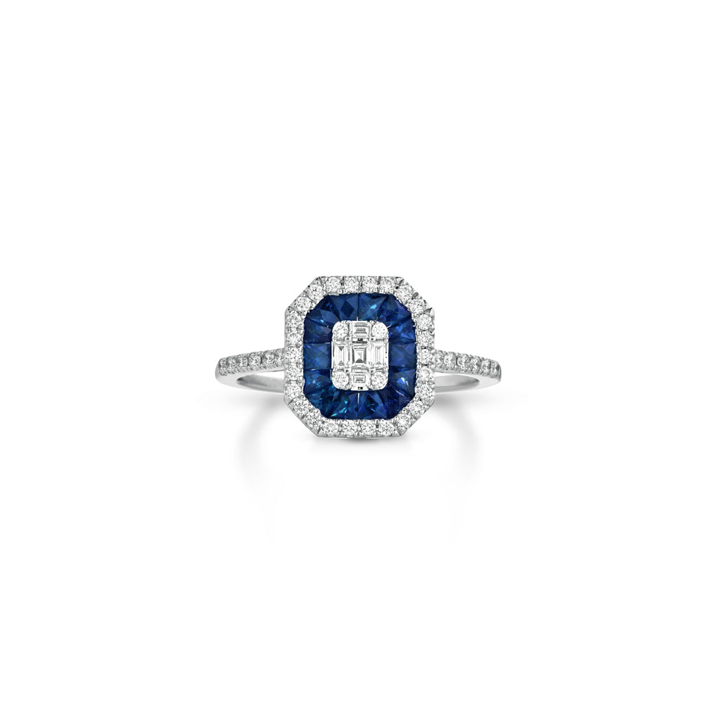 ANELLO IN ORO BIANCO 18KT DIAMANTI, BAGUETTE E ZAFFIRI