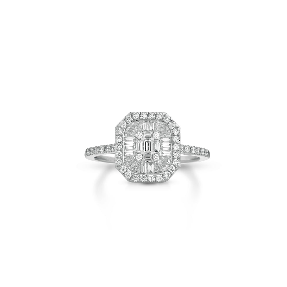 ANELLO OTTAGONALE IN ORO BIANCO 18KT DIAMANTI E BAGUETTE