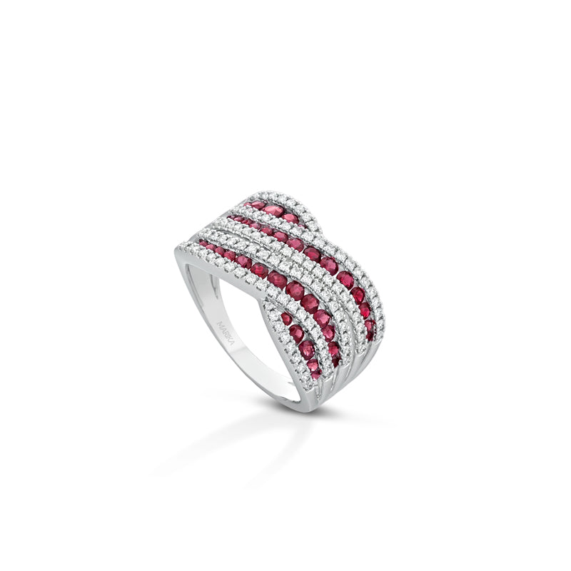 ANELLO FASCIA IN ORO BIANCO 18 KT DIAMANTI E RUBINI
