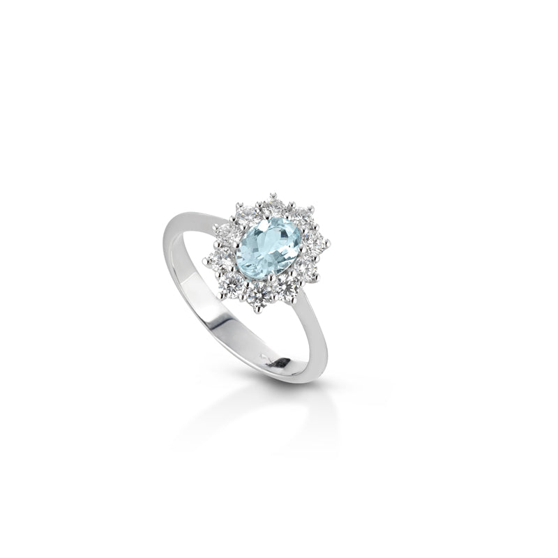 ANELLO IN ORO BIANCO 18 CARATI CON DIAMANTI E ACQUAMARINA