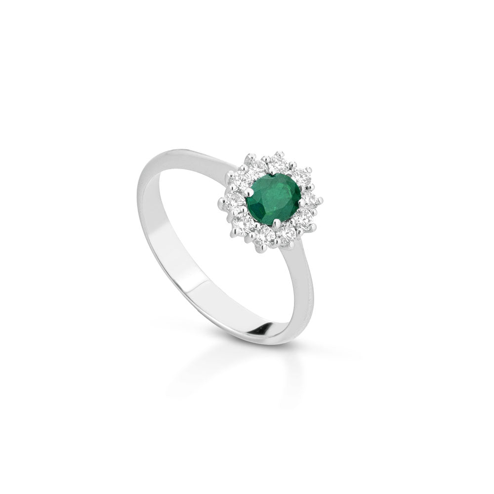 ANELLO IN ORO BIANCO 18 CARATI CON DIAMANTI E SMERALDO