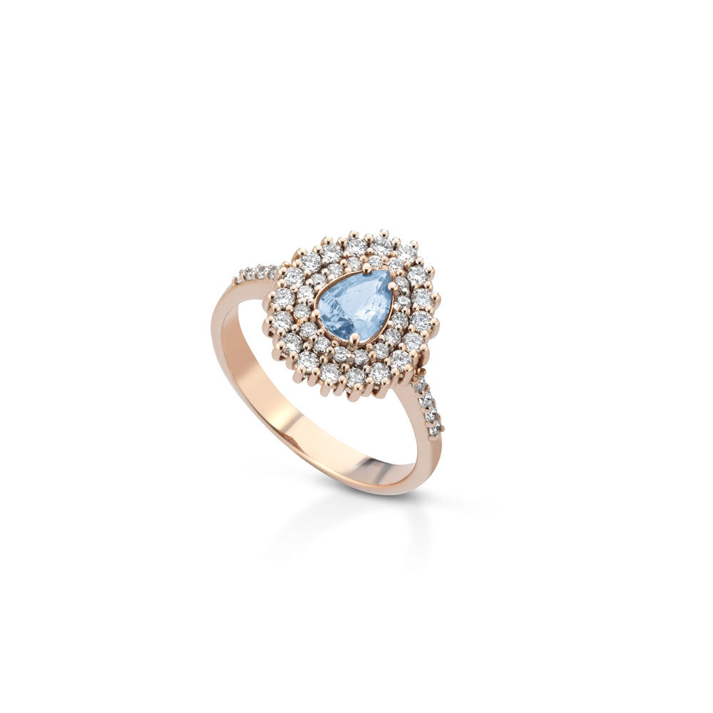 ANELLO GOCCIA IN ORO ROSA 18KT CON DIAMANTI E ACQUAMARINA