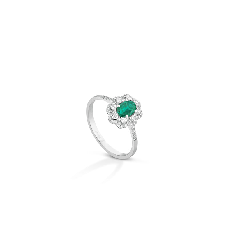 ANELLO IN ORO BIANCO 18 CARATI CON DIAMANTI E SMERALDO