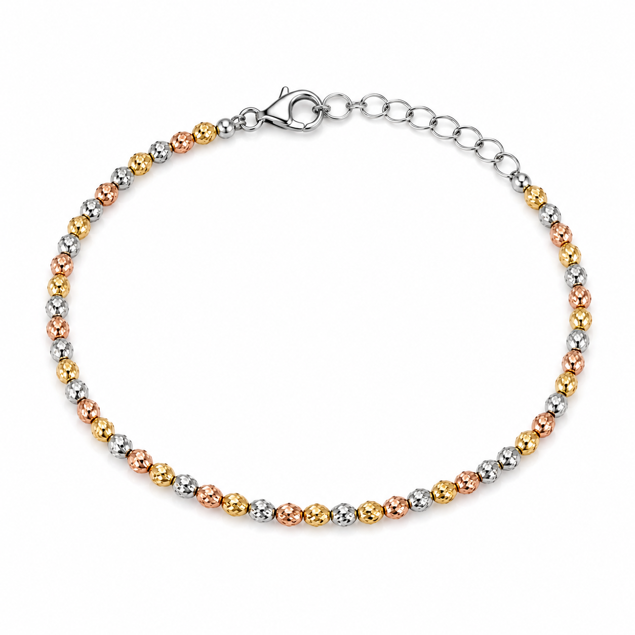 BRACCIALE TRICOLORE CON SFERE DIAMANTATE GIALLO BIANCO E ROSÉ IN ARGENTO 925
