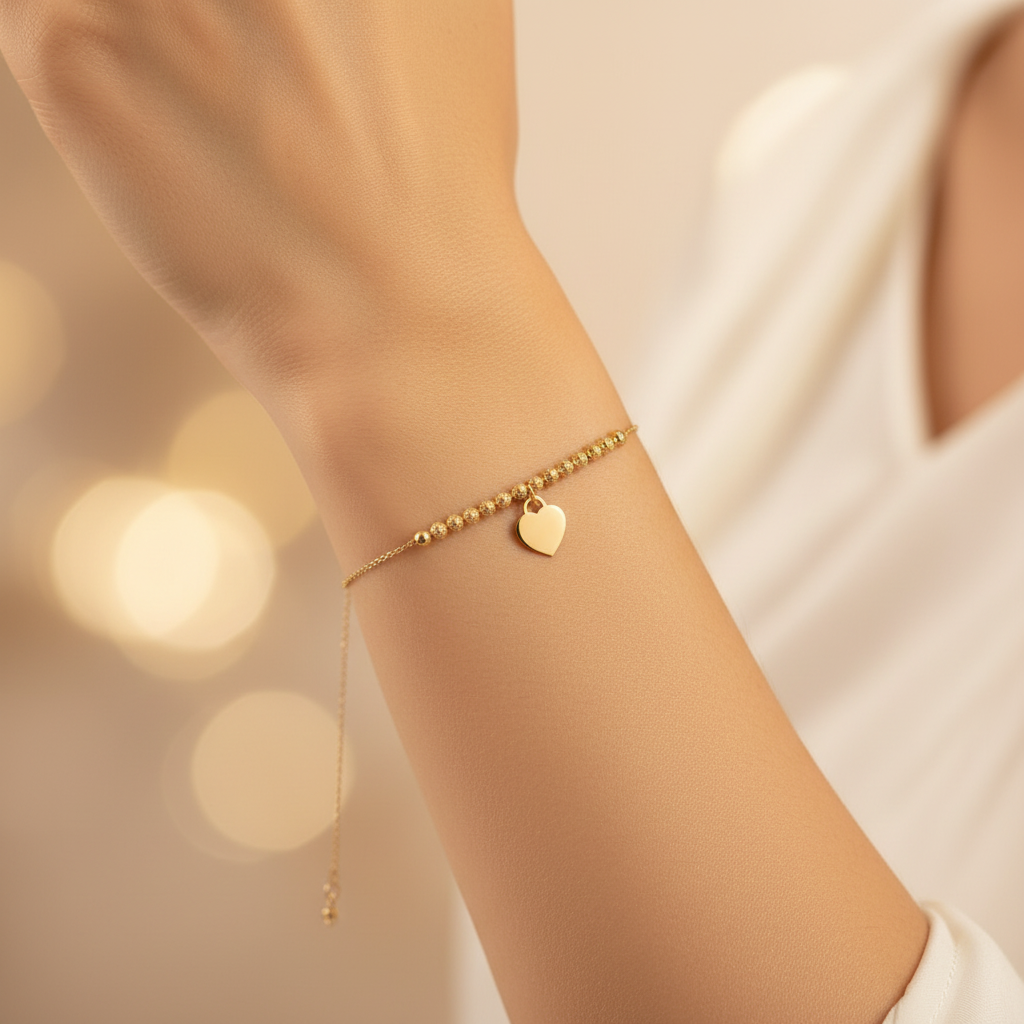 Bracciale con sfere diamantate e cuore in oro giallo 18 KT (750)
