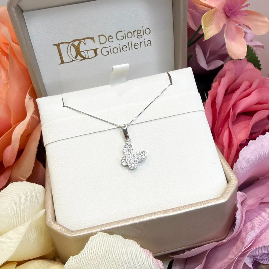 Ciondolo farfalla da donna con zirconi in oro bianco (750)