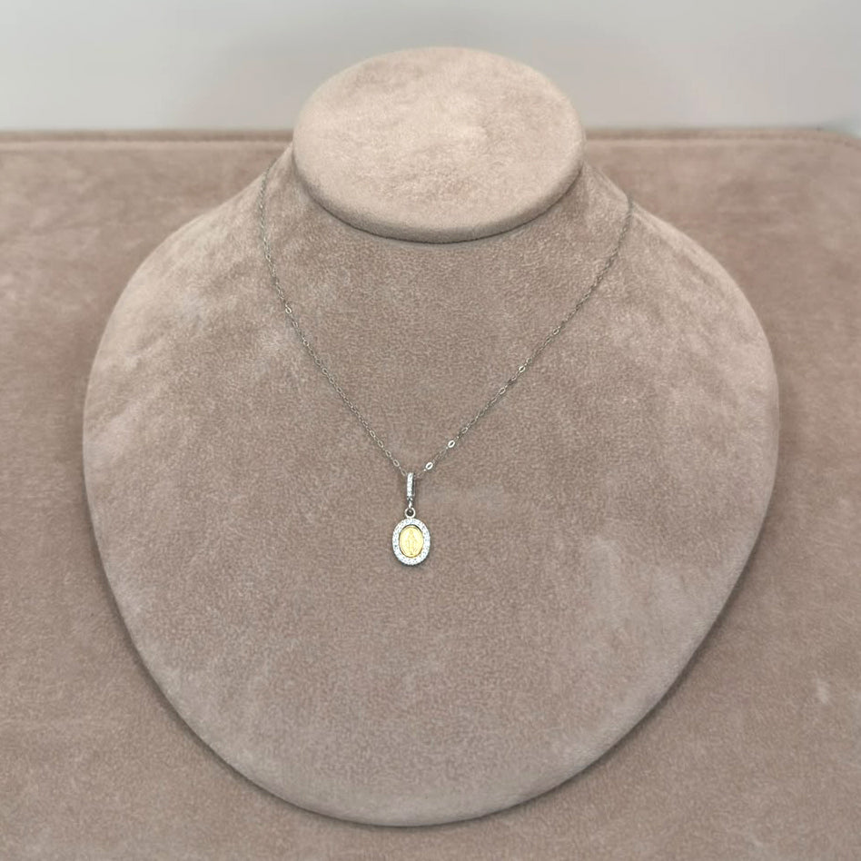 COLLANA CON MEDAGLIA MADONNA BICOLORE E ZIRCONI IN ORO 18 KT
