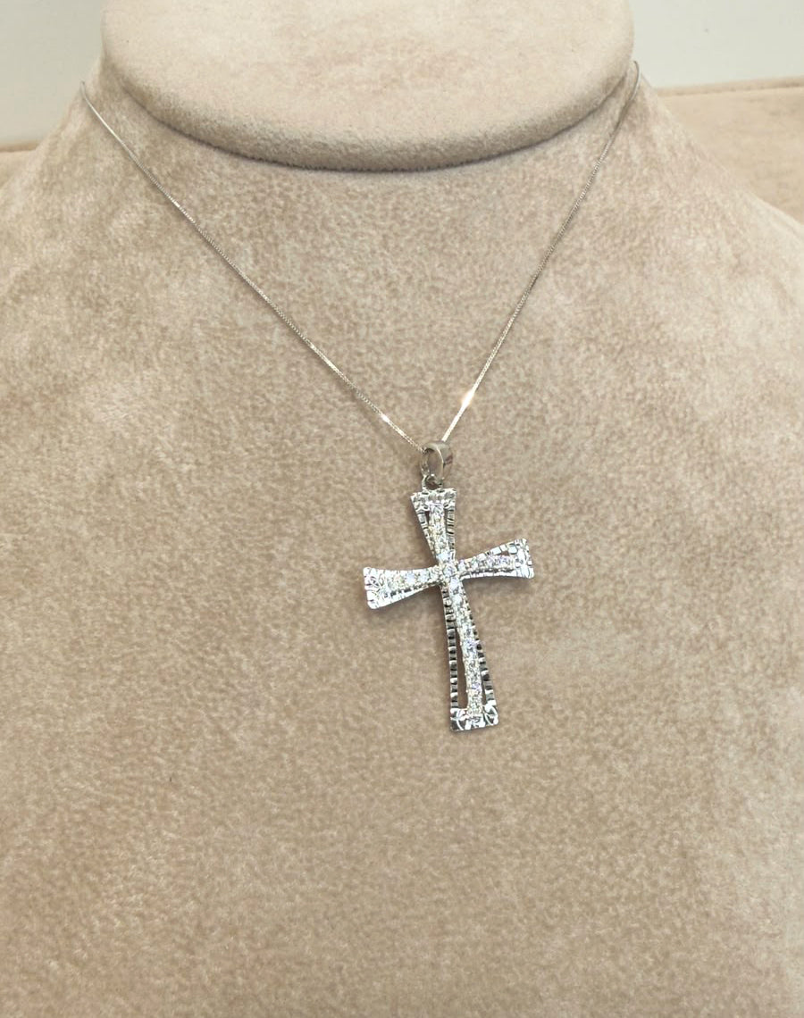 COLLANA CON CROCE IN ORO BIANCO 18 KT (750) E ZIRCONI