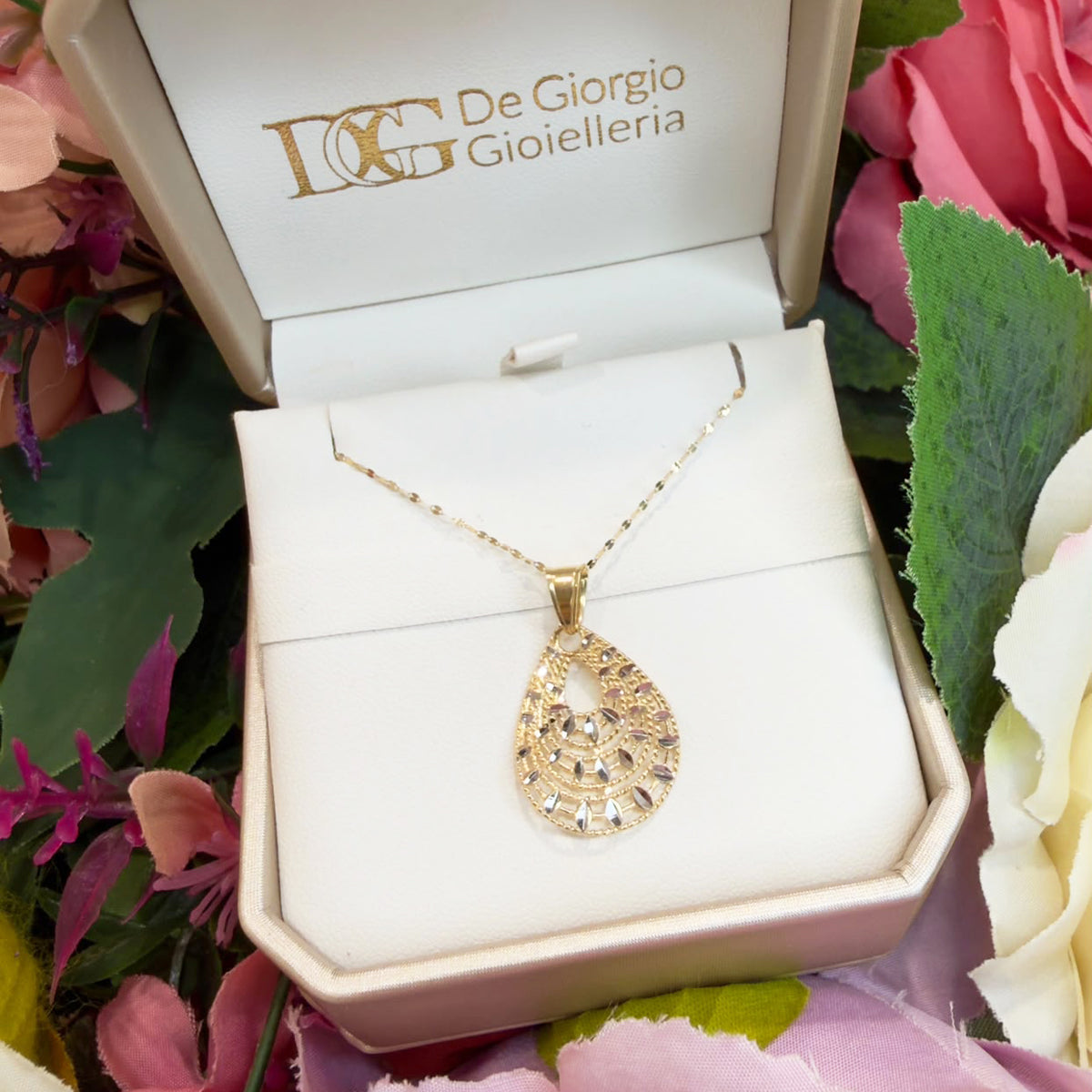 COLLANA CON PENDENTE GOCCIA BICOLORE IN ORO GIALLO E BIANCO 18 KT (750)