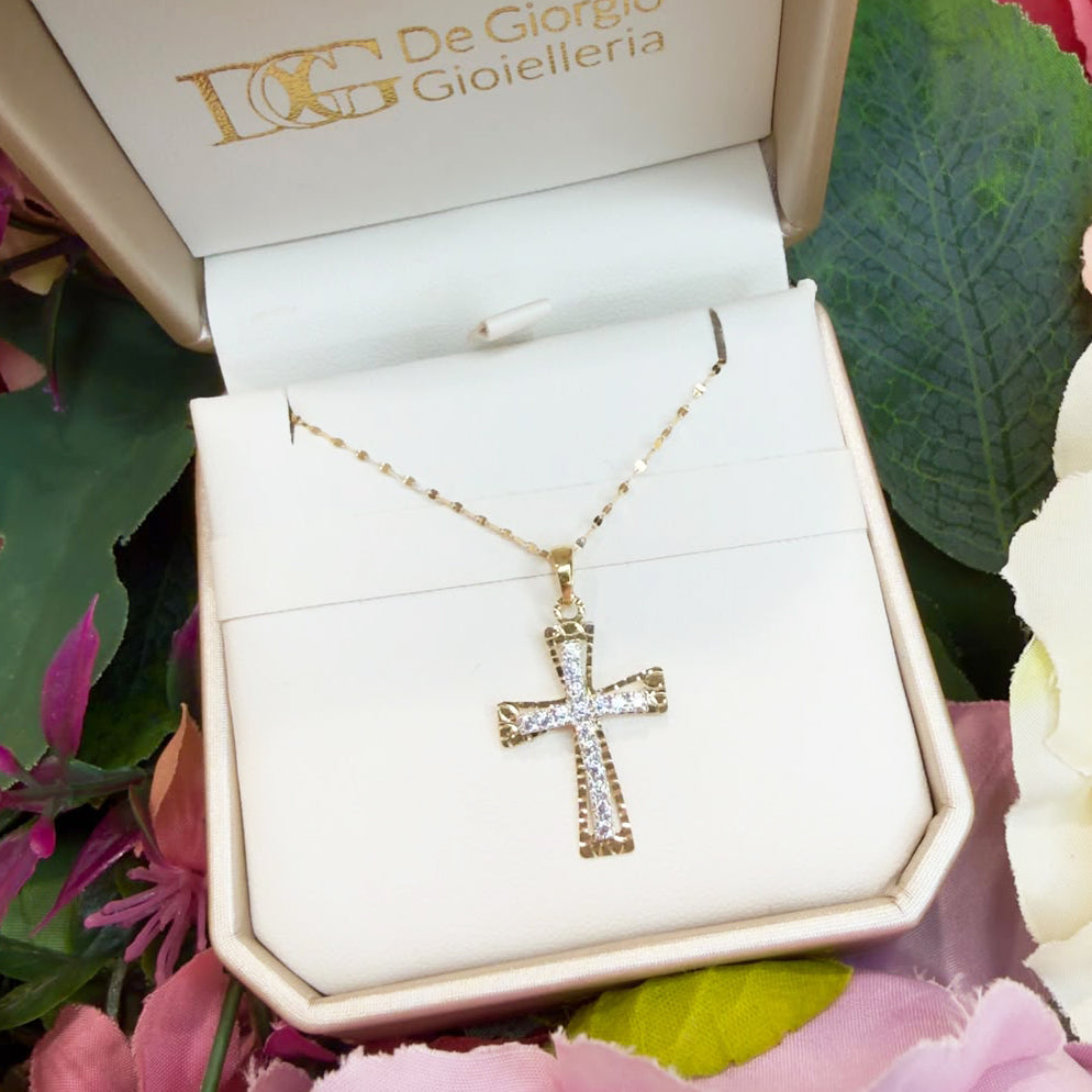 COLLANA CON CROCE STILIZZATA IN ORO GIALLO 18 KT (750) E ZIRCONI