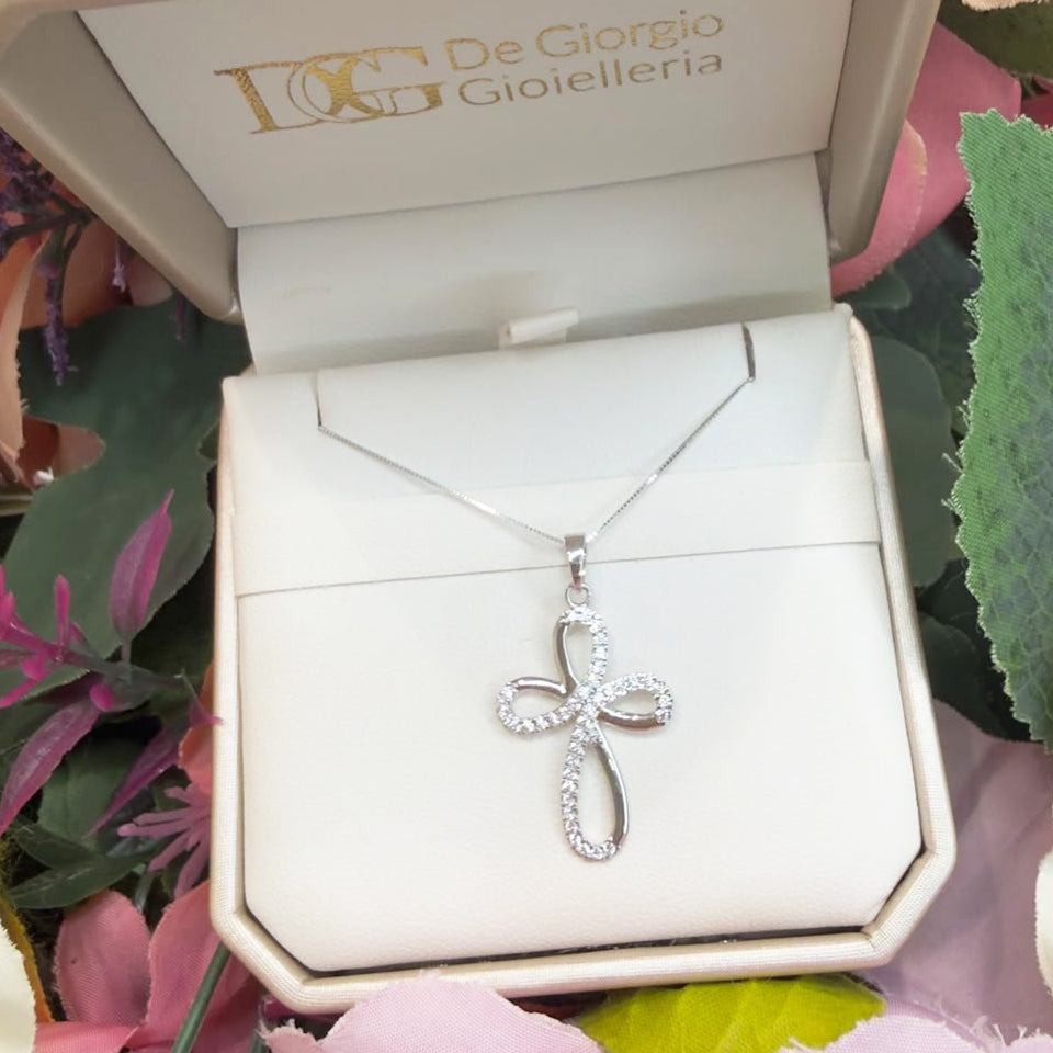 COLLANA CON CROCE STILIZZATA IN ORO BIANCO 18 KT (750) E ZIRCONI