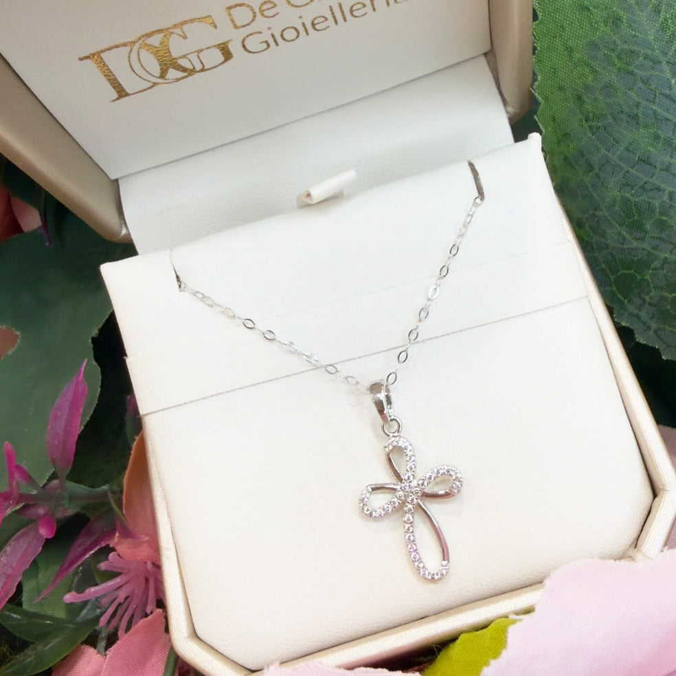 COLLANA CON CROCE IN ORO BIANCO 18 KT (750) E ZIRCONI
