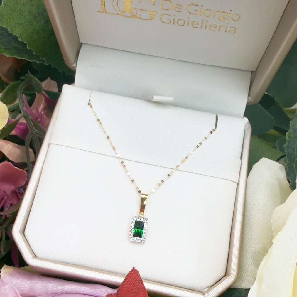 COLLANA IN ORO GIALLO 18 KT (750) CON PENDENTE PIETRA VERDE E ZIRCONI