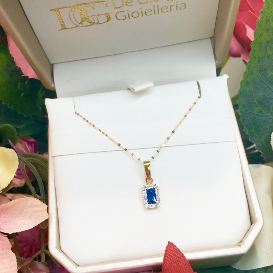 COLLANA IN ORO GIALLO 18 KT (750) CON PENDENTE PIETRA BLU E ZIRCONI