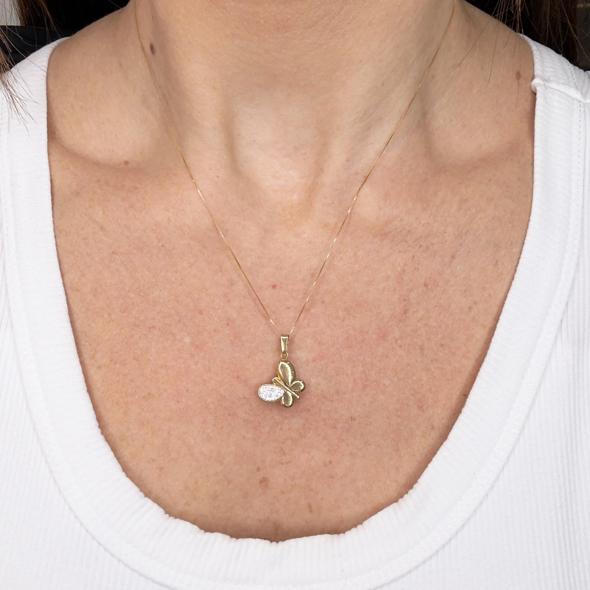 COLLANA IN ORO GIALLO 18 KT (750) CON FARFALLA BICOLORE E ZIRCONI