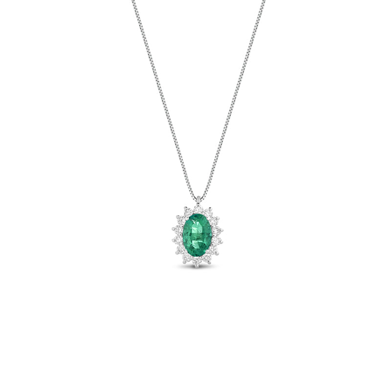 COLLANA IN ORO BIANCO 18KT CON DIAMANTI E SMERALDO