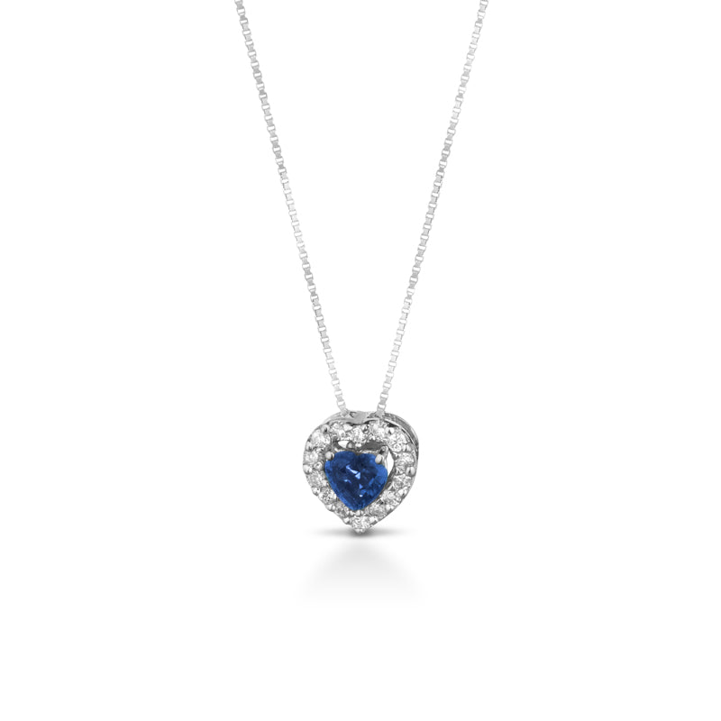 COLLANA CON CUORE IN ORO BIANCO 18KT CON DIAMANTI E ZAFFIRO