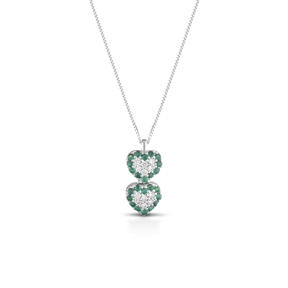 COLLANA BILOGY CON CUORI ORO BIANCO 18KT,DIAMANTI E SMERALDI