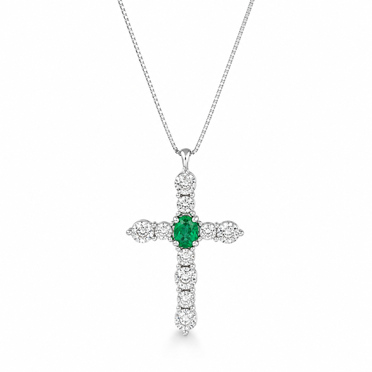 COLLANA CON CROCE IN ORO BIANCO 18KT CON DIAMANTI E SMERALDO