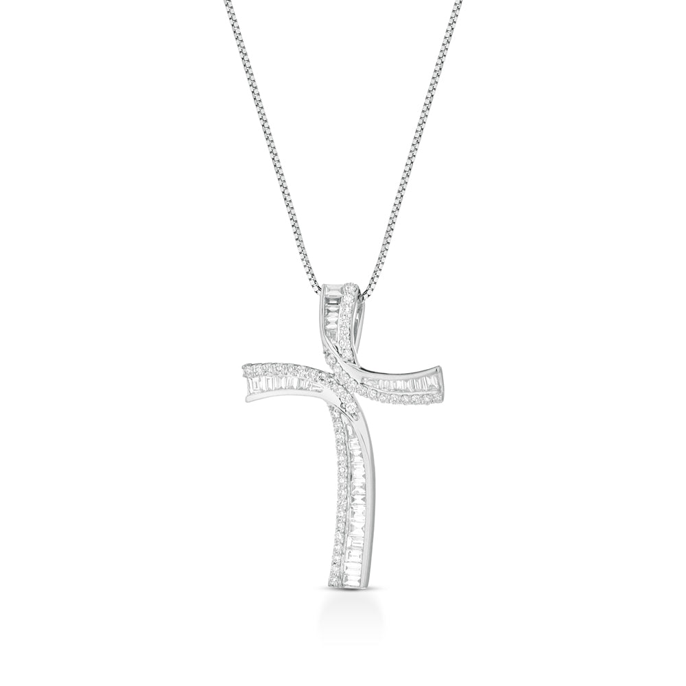 COLLANA CON CROCE IN ORO BIANCO 18KT DIAMANTI E BAGUETTE