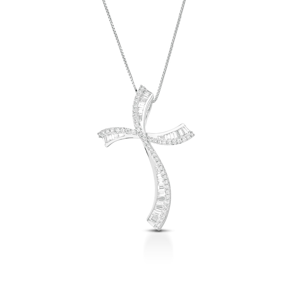 COLLANA CON CROCE IN ORO BIANCO 18KT DIAMANTI E BAGUETTE