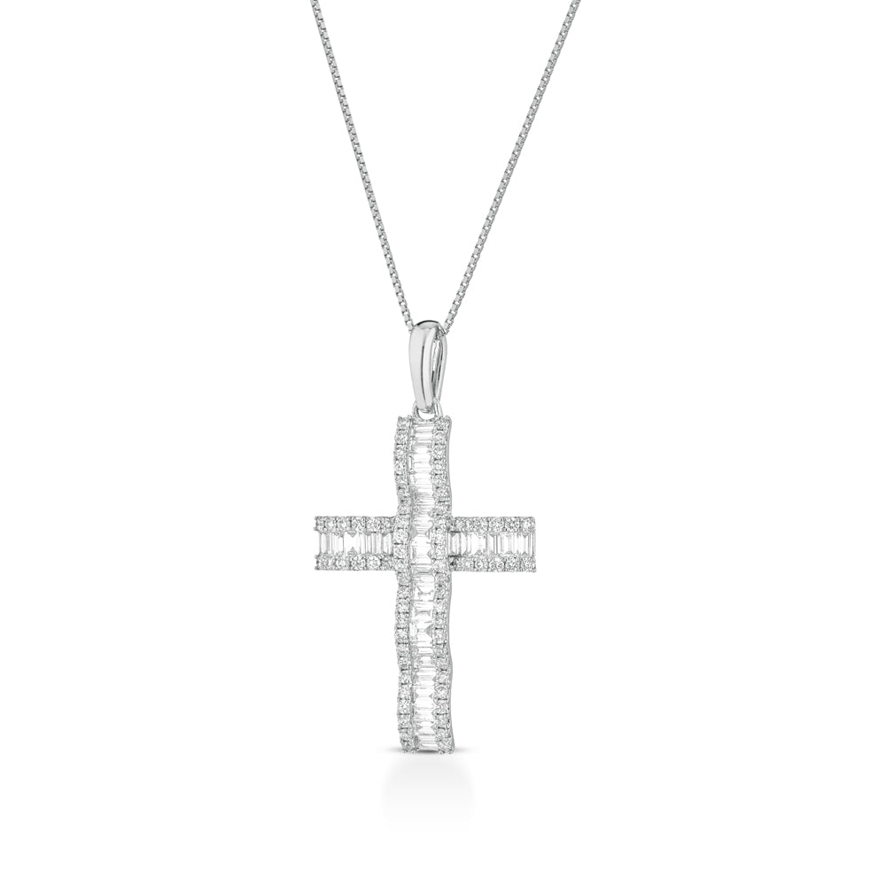COLLANA CON CROCE IN ORO BIANCO 18KT DIAMANTI E BAGUETTE