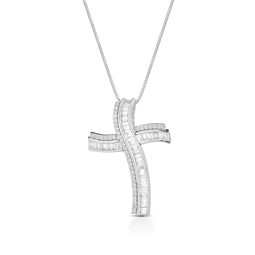 COLLANA CON CROCE IN ORO BIANCO 18KT DIAMANTI E BAGUETTE