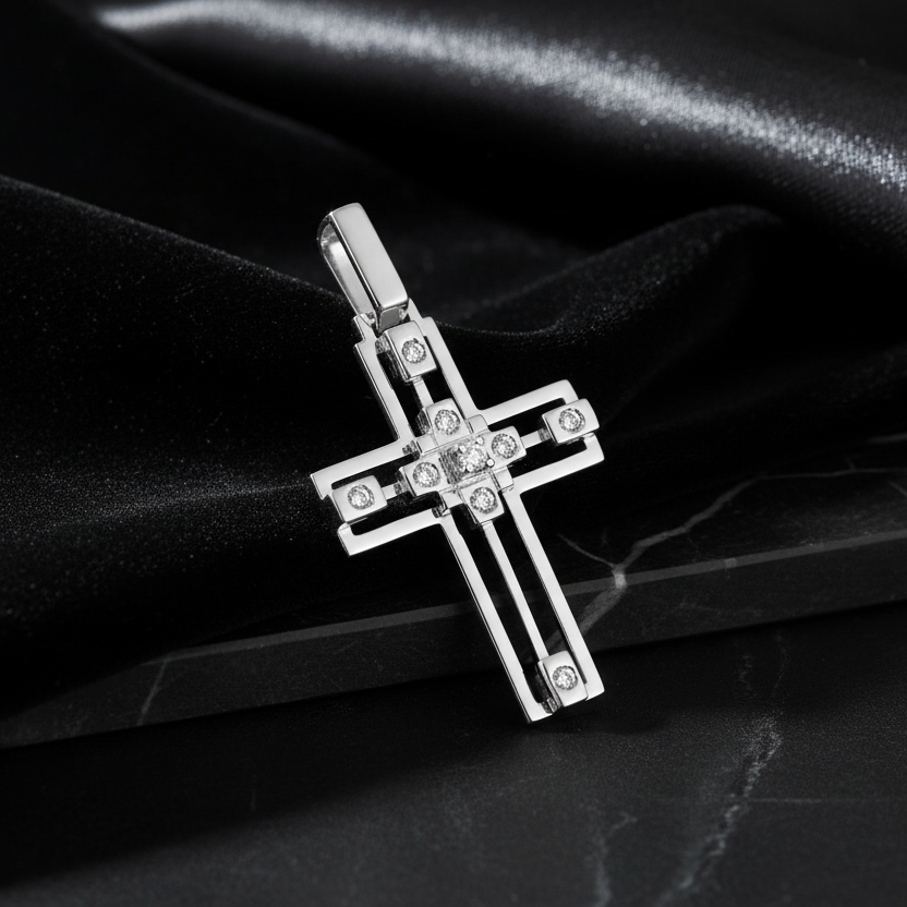 CIONDOLO CROCE DA UOMO IN ORO BIANCO 18 CARATI E DIAMANTI