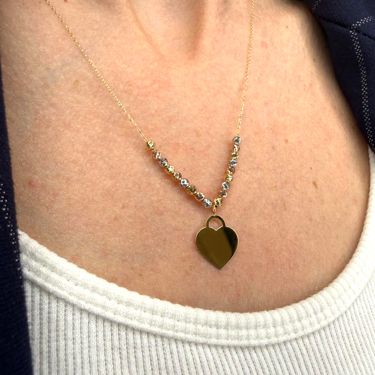 Collana con cuore incidibile in oro bianco, giallo e rosa 18KT (750) e sfere diamantate