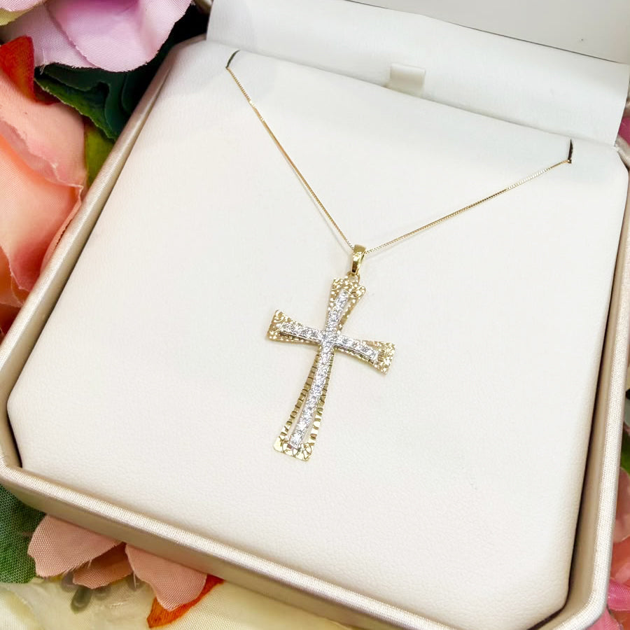 Collana con Croce in Oro Giallo 18 KT e Zirconi