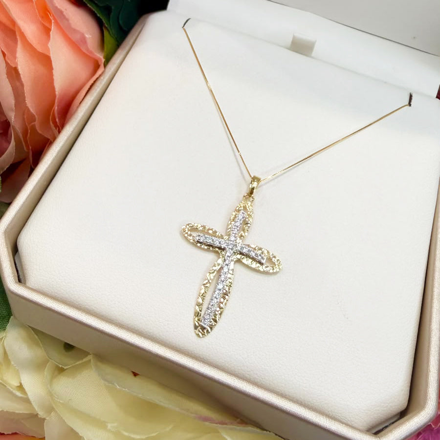 Collana con Croce in Oro Giallo 18 KT e Zirconi