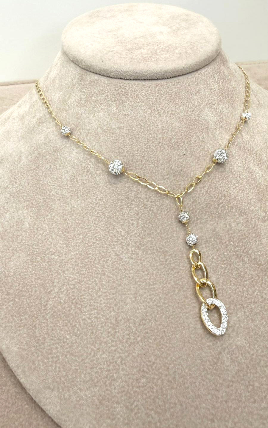 Collana con Sfere Zirconate e Pendente a Maglie in Oro Giallo 18 K