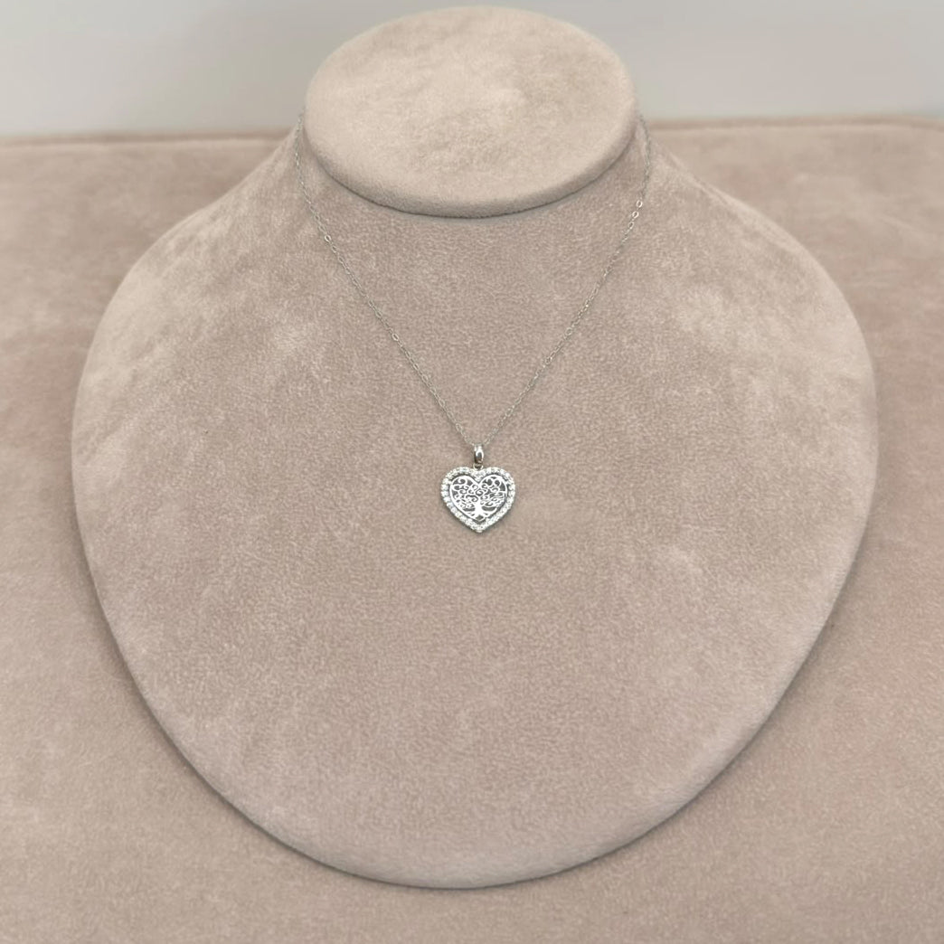 COLLANA CON PENDENTE CUORE ALBERO DELLA VITA E ZIRCONI IN ORO BIANCO 18 KT