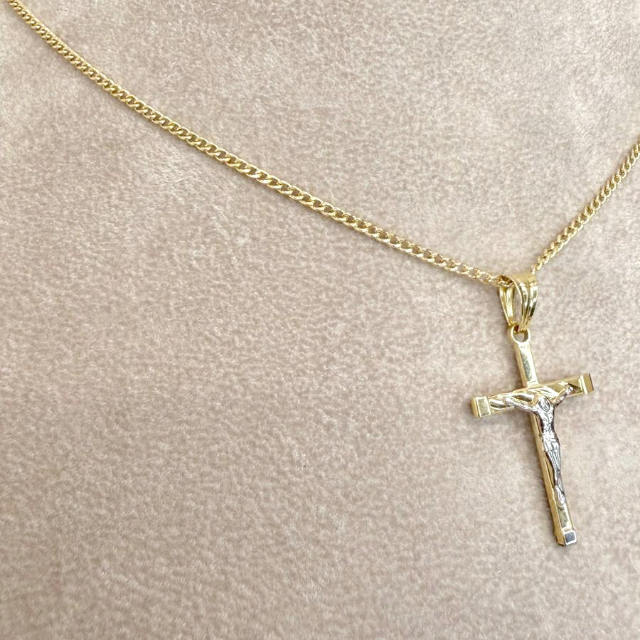 Collana da Uomo con Crocifisso Bicolore e Maglia Grumetta in Oro 18 KT