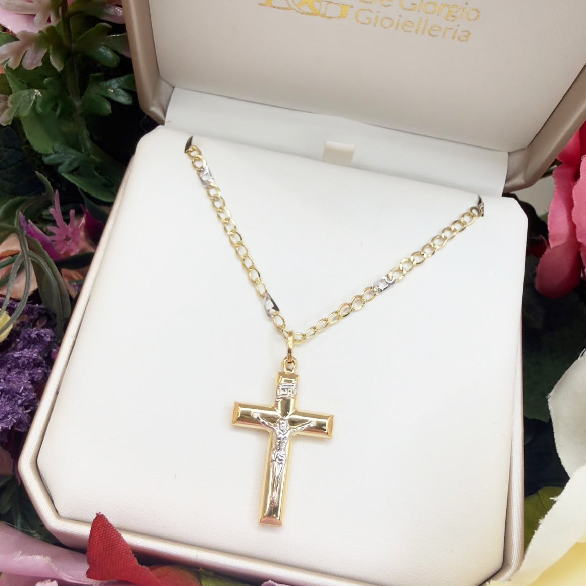 COLLANA UOMO CON CROCIFISSO BICOLORE IN ORO 18 KT (750)