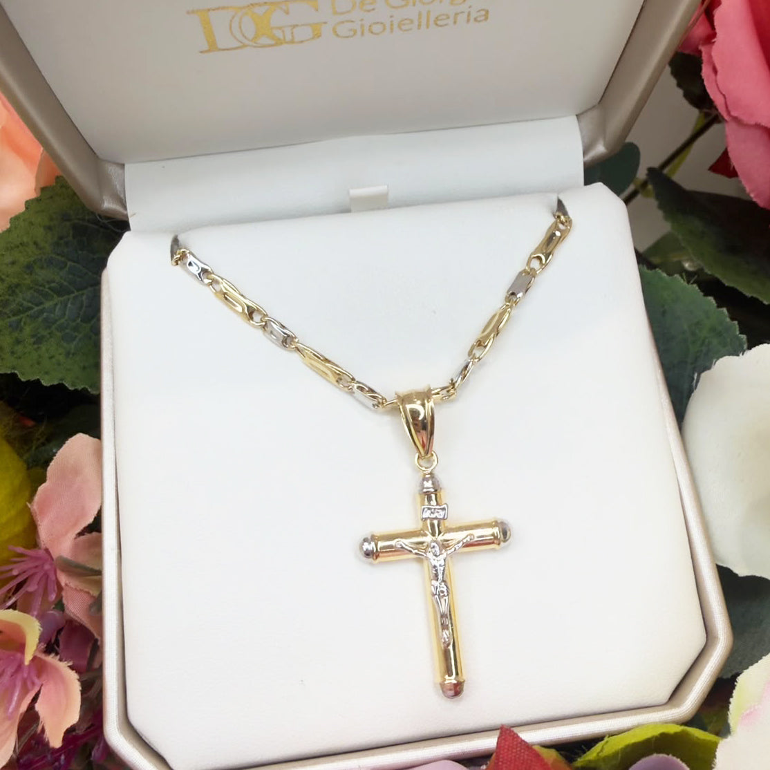 COLLANA UOMO CON CROCIFISSO BICOLORE IN ORO 18 KT (750)