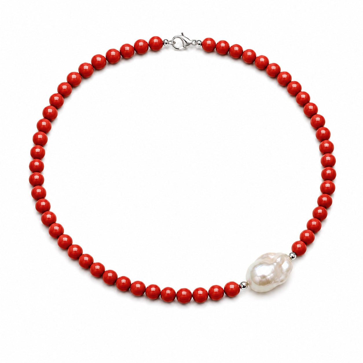COLLANA PASTA DI CORALLO ROSSO E PERLA BAROCCA IN ARGENTO