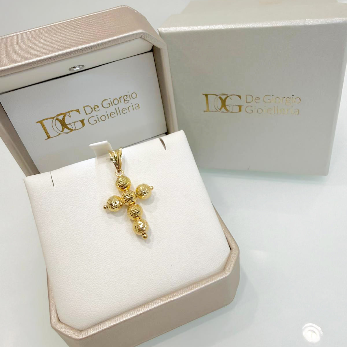 Ciondolo a croce in oro giallo 18KT (750) con sfere diamantate unisex