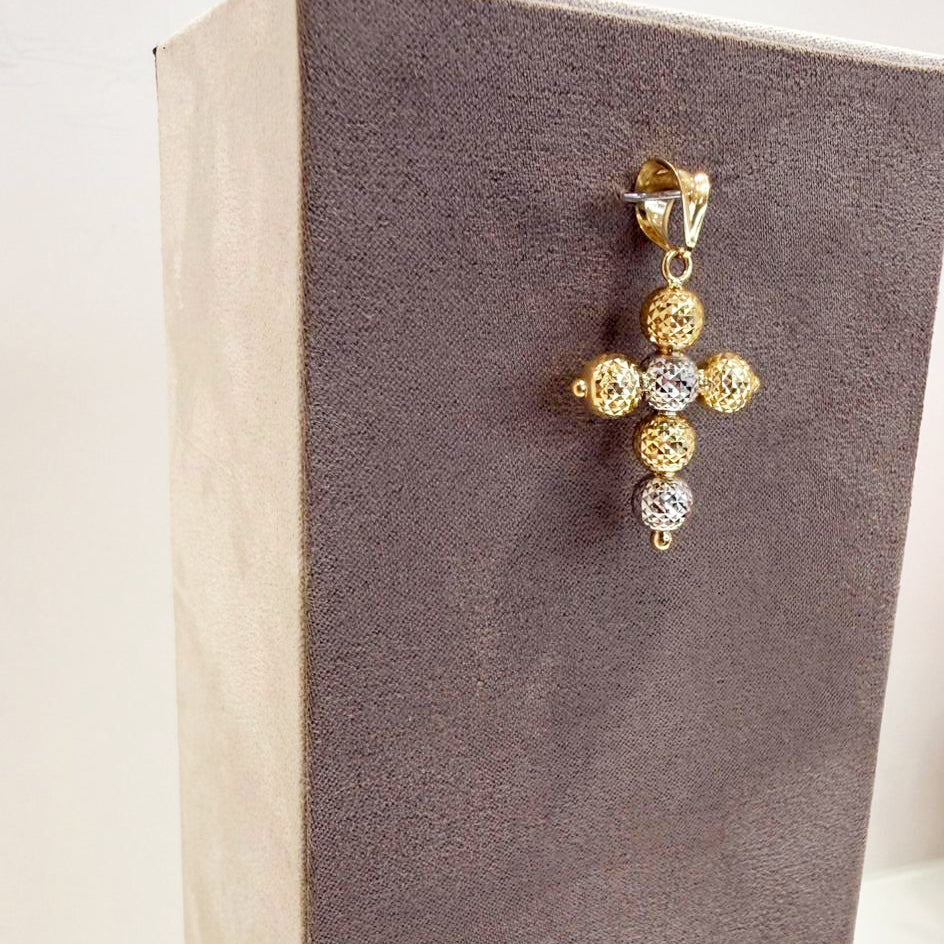 Ciondolo a croce in oro giallo e bianco 18KT (750) con sfere diamantate unisex